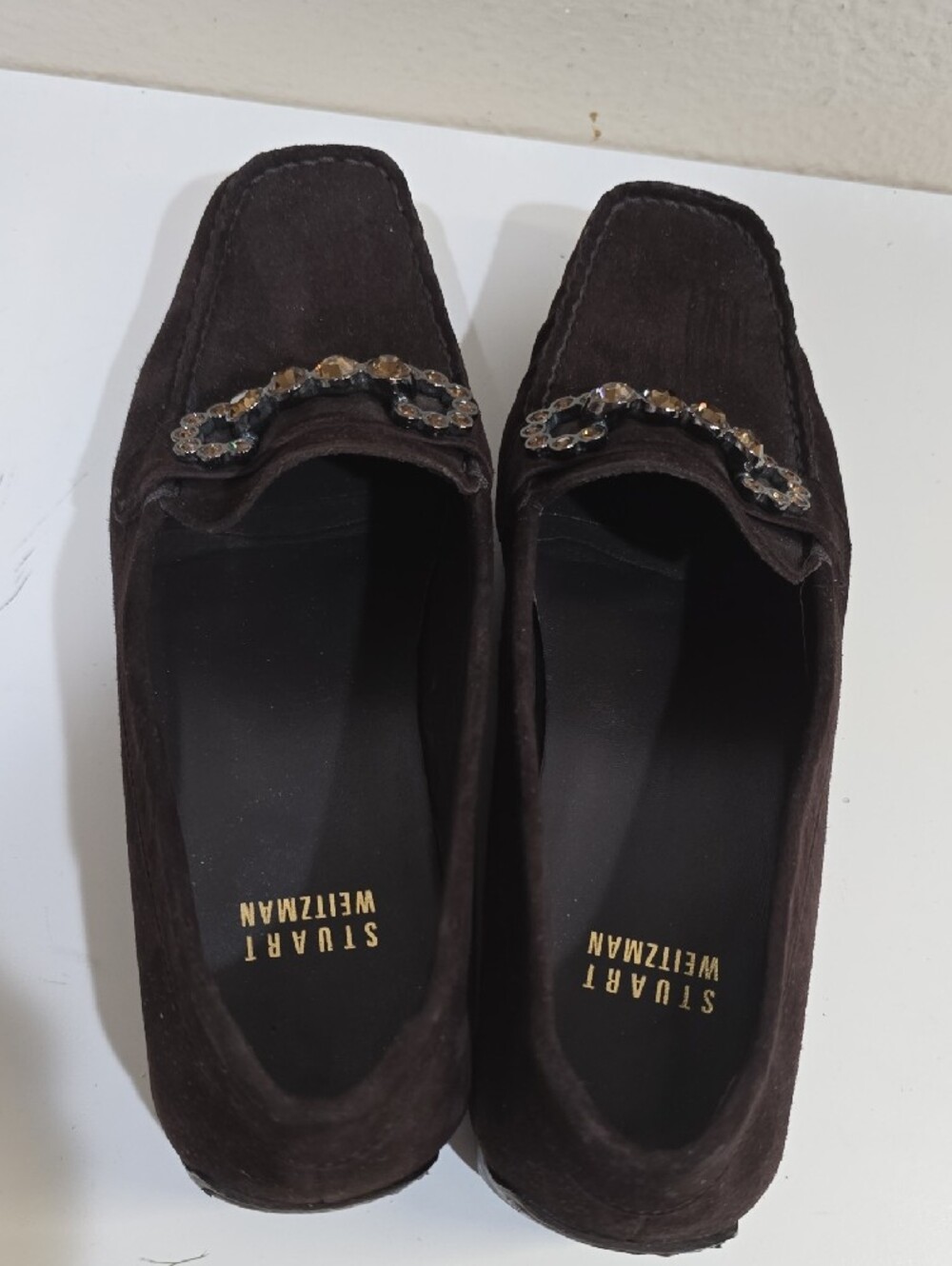 Stuart Weitzman Brown Suede Jeweled Chain Loafers - Picture 8 of 15